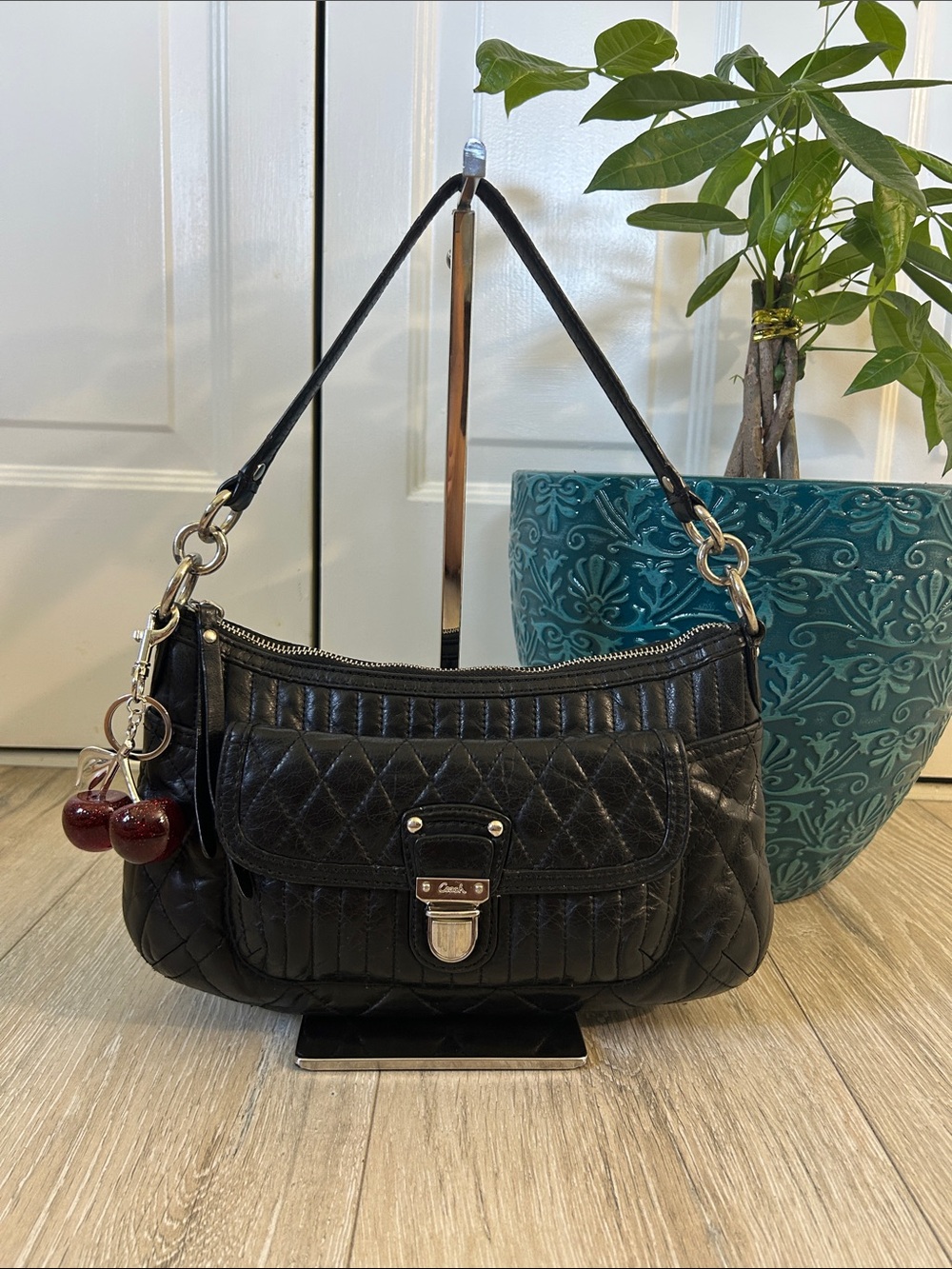 Coach Vintage Black Quilted Leather Shoulder Bag with Silver Hardware